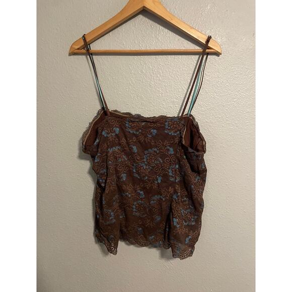 Hillard & Hanson Cami Womens Size 2XL Brown Blue Lace Floral Strappy Fairy Y2K - Picture 2 of 7